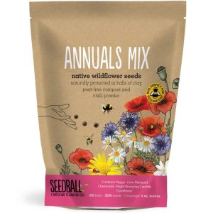 Brown bag on white background. Label reads 'Annuals Mix, native wildflower seeds' the bag has a mixture of flowers on the front with a pink stripe at the bottom