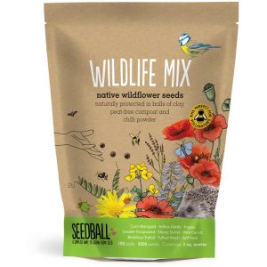 Brown bag on white background. Label reads 'Wildlife Mix, native wildflower seeds' the bag has a mixture of flowers on the front and a bird with a green stripe at the bottom