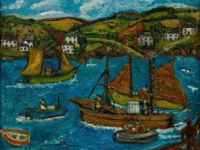 A vibrant harbor scene with sailboats and small boats on blue water, surrounded by lush green hills and white cottages, under a cloud-dotted sky.
