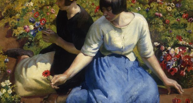 Two women sit in a vibrant flower garden. One wears a light blouse and blue skirt, holding a red flower, and the other wears a dark dress, admiring the blossoms.