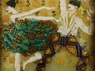 Two abstract dancers in colourful attire joyfully move against a textured, golden background. The scene evokes energy and celebration.