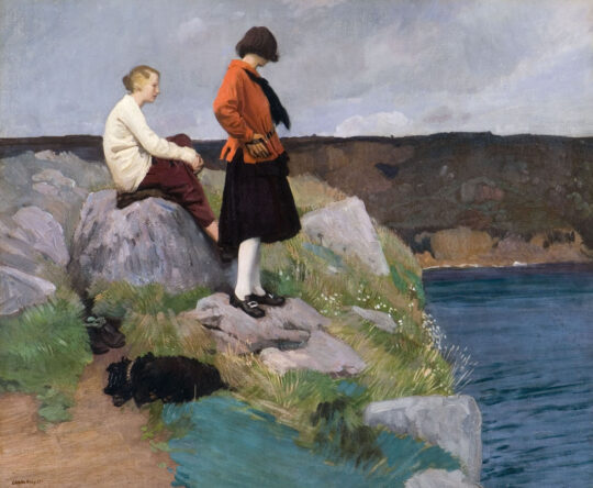 Two figures on a rocky cliff overlooking a lake; one seated in white, the other standing in orange. The landscape is serene with a dog resting nearby.