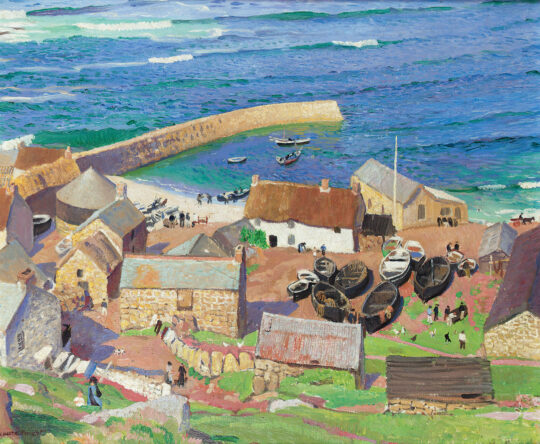 A vibrant coastal village with colourful stone buildings and thatched roofs. Boats and figures dot the scene. The sea glistens, conveying a lively, tranquil atmosphere.