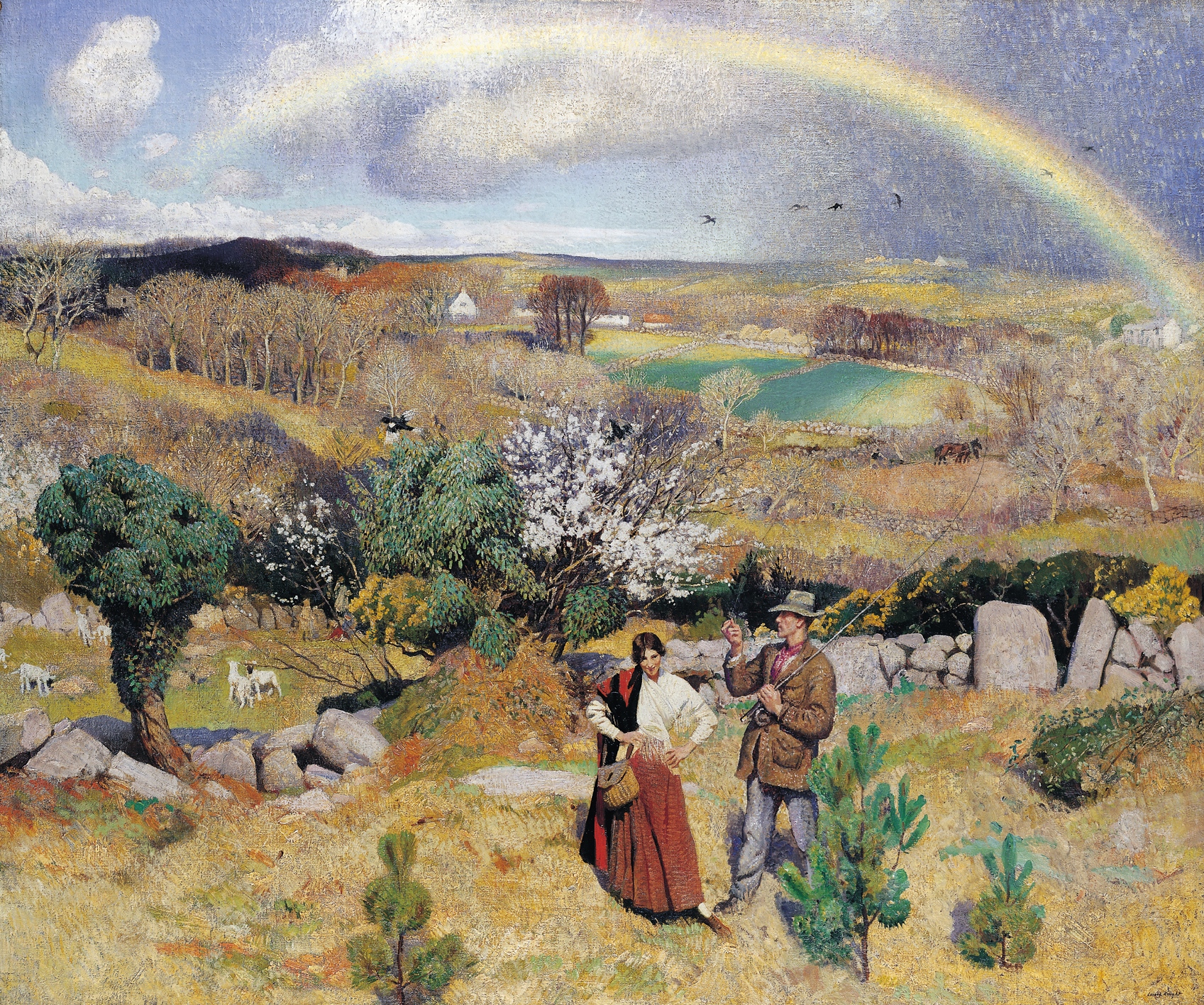 A vibrant landscape features a man and woman walking in a field, with a rainbow arching over rolling hills, a blossoming tree, and grazing sheep.