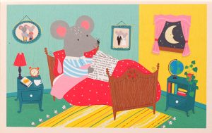 digital cartoon image of mouse in bed with bright colours, front cover of toy box