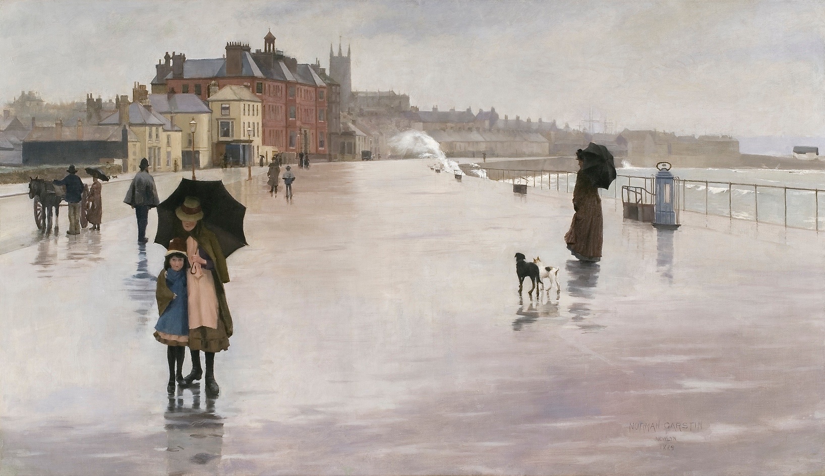 Victorian scene of a rainy promenade with people holding umbrellas. A woman and child stand together, while another woman walks a dog nearby. Overcast and calm.