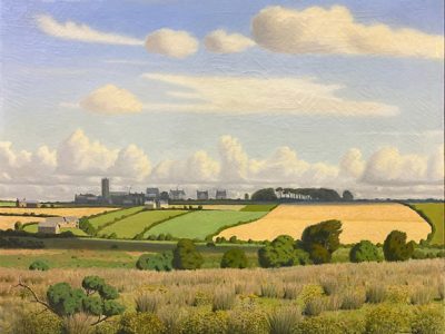 A serene landscape painting depicts rolling fields with varying shades of green and gold under a sky dotted with fluffy clouds. A distant city skyline is visible.