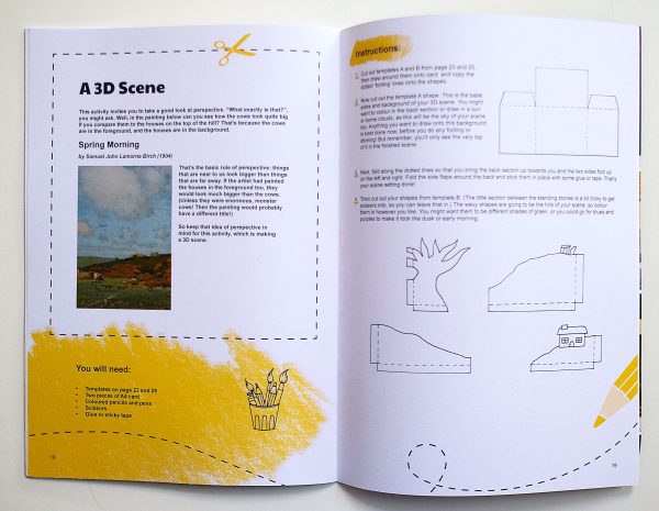 Inside pages of Craft activities booklet with yellow graphics and text