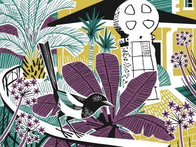 Digital print of magpie bird in front of penlee house building by matt johnson