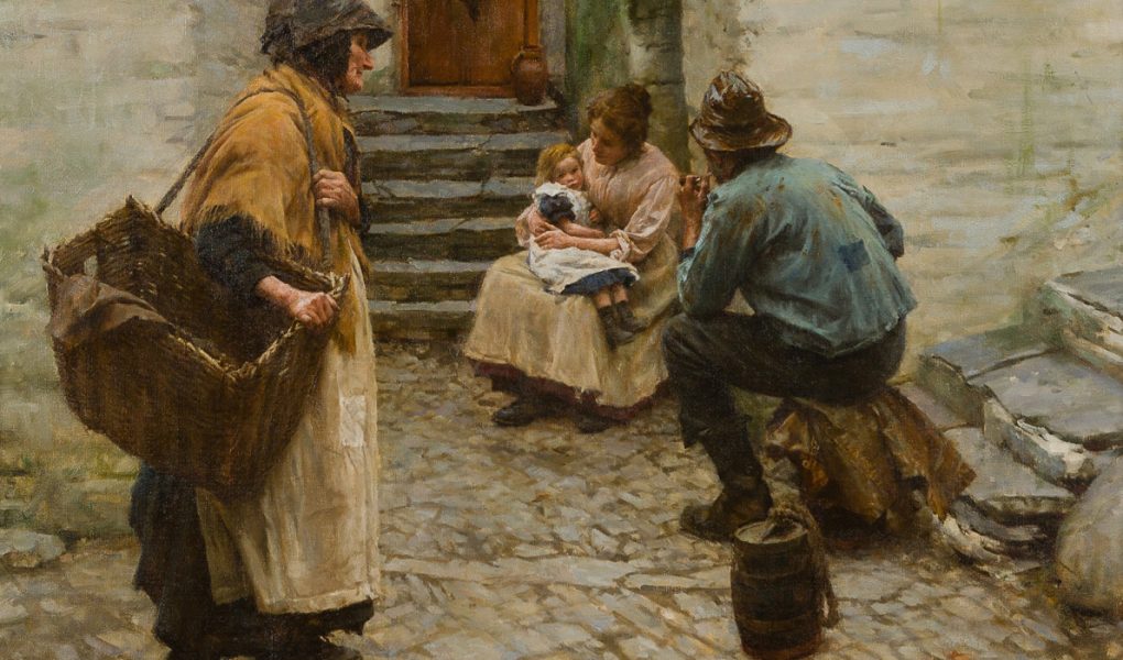 A rustic alley scene with three adults and a child. A woman with a basket walks by another sitting with a child, while a man in a cap observes nearby.