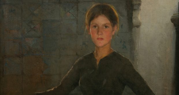 A young woman stands indoors, holding a tray with fish. She wears a dark blouse and a blue apron, exuding a determined expression. Soft, muted colours.