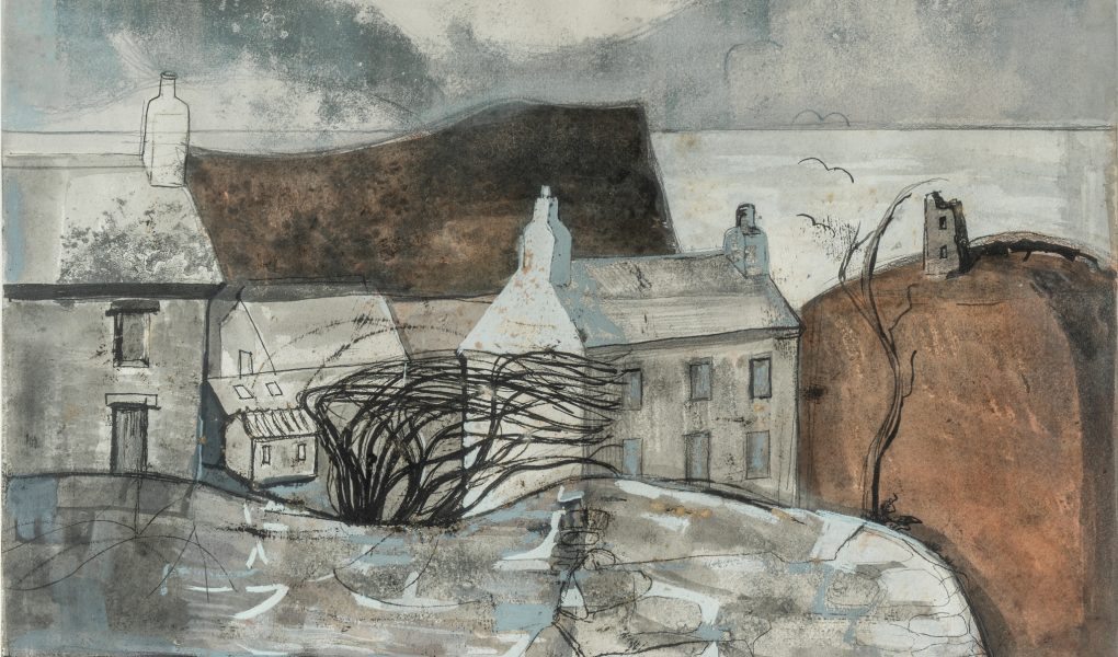 A moody landscape painting depicts a rustic house with chimneys and bare trees, set against a backdrop of hills and a cloudy sky. Sea and birds appear in the distance.