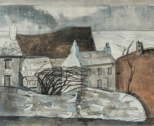 A moody landscape painting depicts a rustic house with chimneys and bare trees, set against a backdrop of hills and a cloudy sky. Sea and birds appear in the distance.