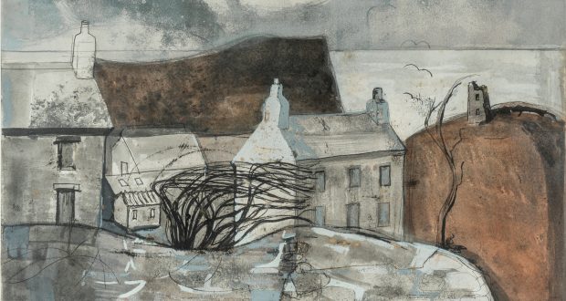 A moody landscape painting depicts a rustic house with chimneys and bare trees, set against a backdrop of hills and a cloudy sky. Sea and birds appear in the distance.