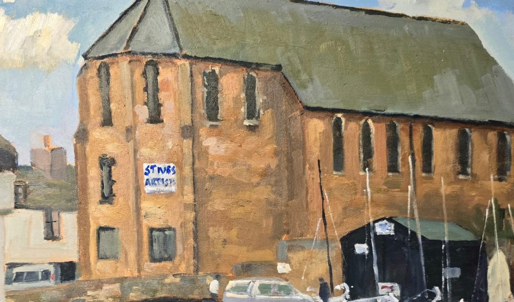 A painting of a large, old brick building with narrow arched windows and a green rooftop. Several cars and small boats are parked in front, under a blue sky.