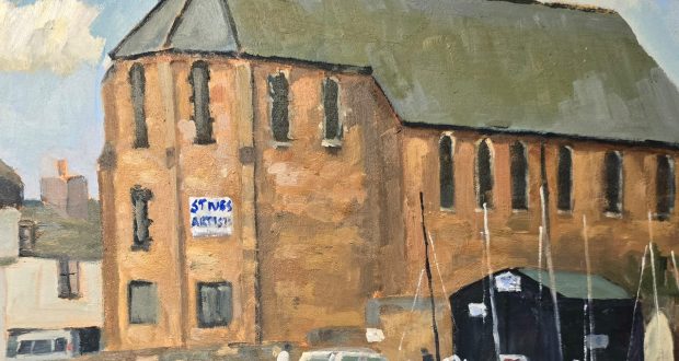 A painting of a large, old brick building with narrow arched windows and a green rooftop. Several cars and small boats are parked in front, under a blue sky.