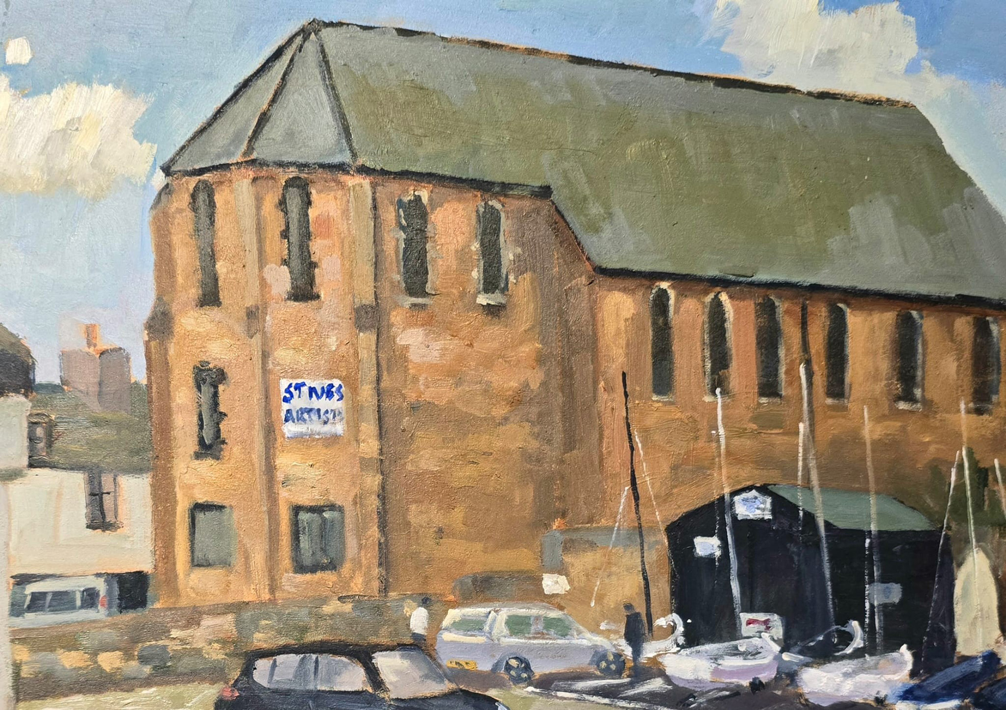 A painting of a large, old brick building with narrow arched windows and a green rooftop. Several cars and small boats are parked in front, under a blue sky.