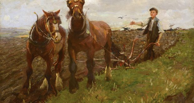 Oil painting of two sturdy brown horses harnessed to a plough, with a farmer guiding them across a green field beneath a cloudy sky; the scene feels calm and pastoral.
