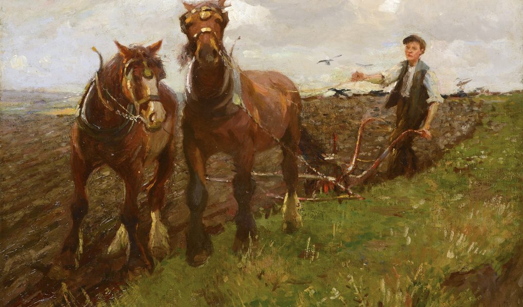 Farmer guides two brown horses plowing a field under a cloudy sky. The scene conveys hard work and rural calmness, with birds flying nearby.