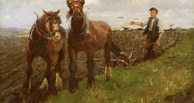 Farmer guides two brown horses plowing a field under a cloudy sky. The scene conveys hard work and rural calmness, with birds flying nearby.