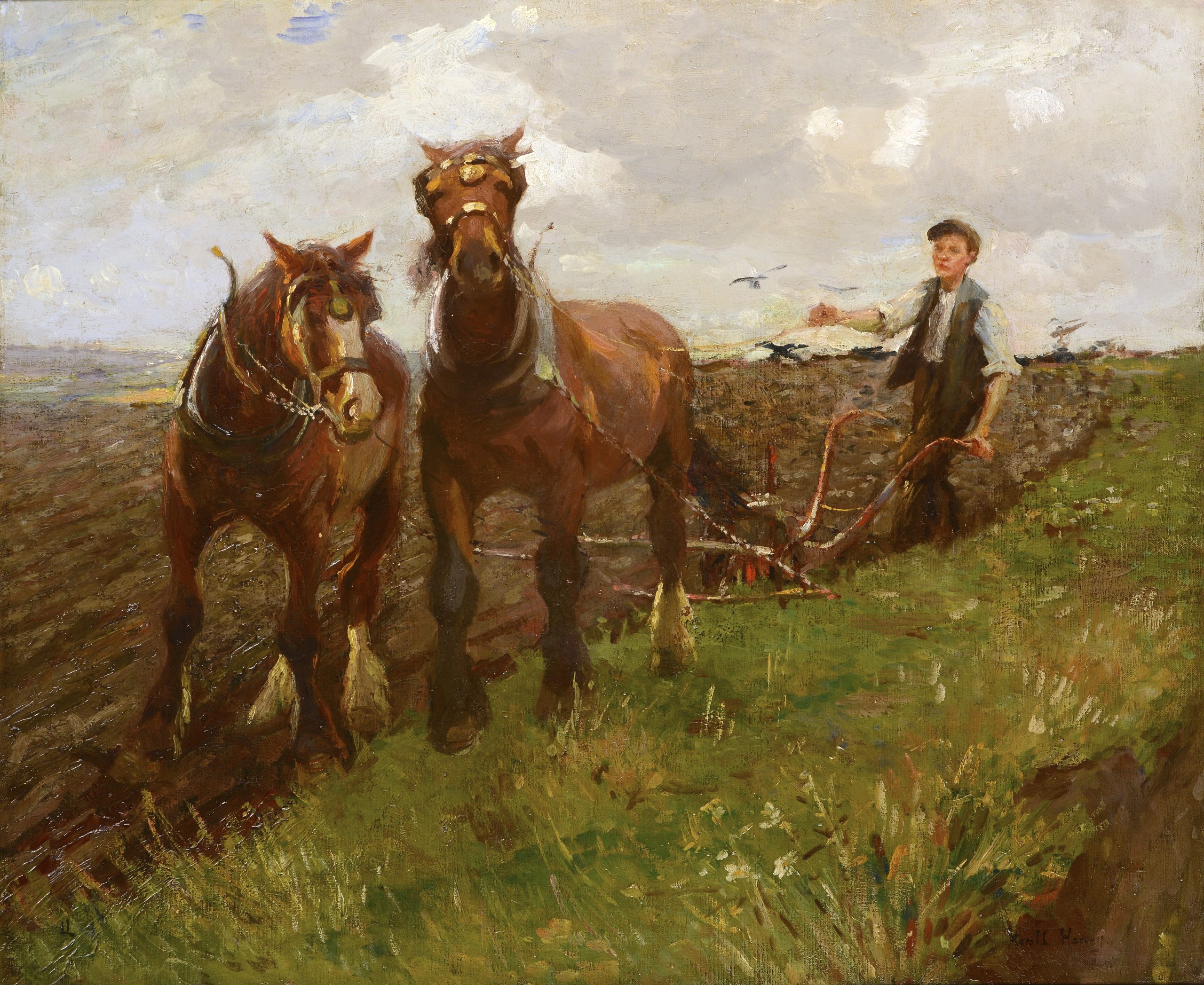Farmer guides two brown horses plowing a field under a cloudy sky. The scene conveys hard work and rural calmness, with birds flying nearby.
