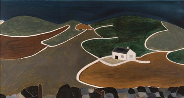 A coastal landscape painting shows rolling hills with segmented earth-toned fields, a small white house, and a deep blue sea in the background, conveying tranquillity.