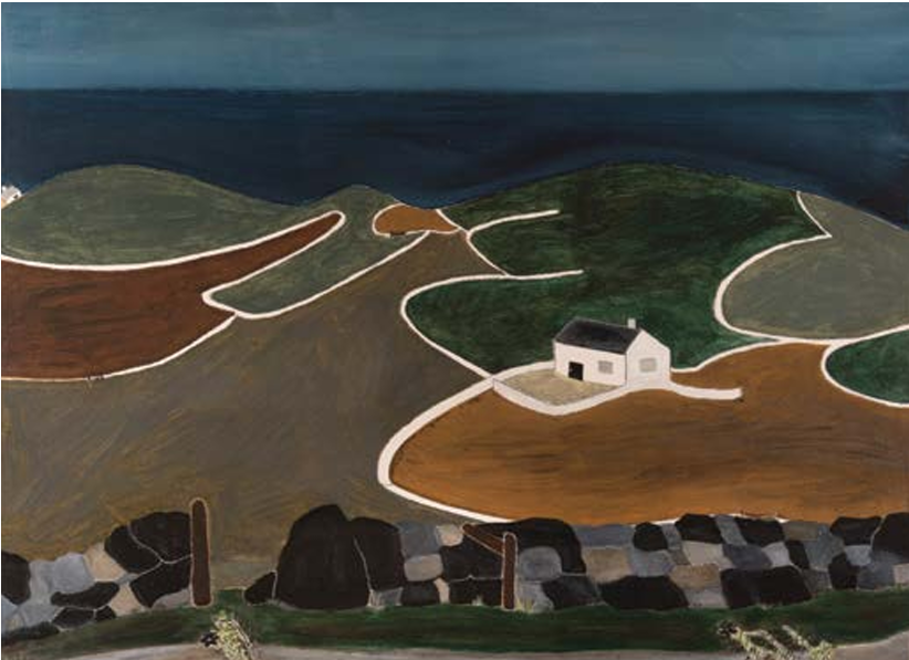 A coastal landscape painting shows rolling hills with segmented earth-toned fields, a small white house, and a deep blue sea in the background, conveying tranquillity.