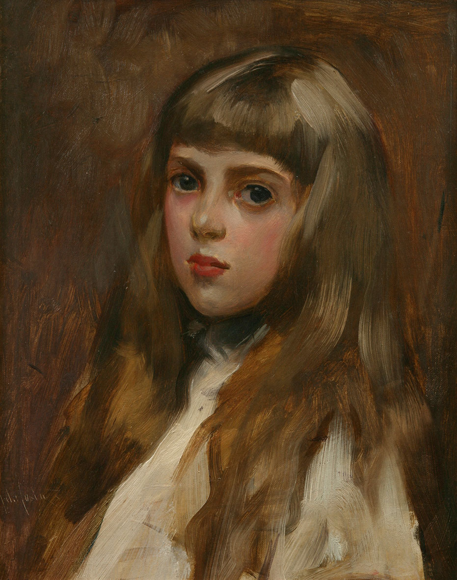 Portrait of a young girl with long brown hair and a fringe, wearing a white dress. She has a thoughtful expression and a brown textured background.