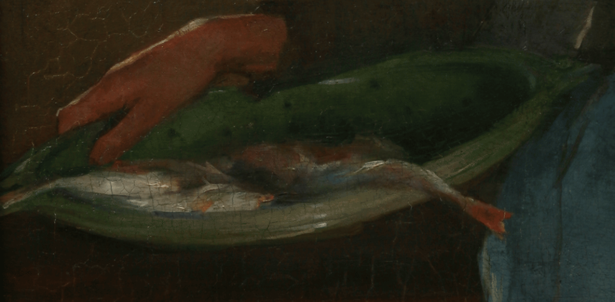 A hand gently holds a green ceramic platter with two small fish on it. The scene evokes a sense of simplicity and stillness with muted tones.