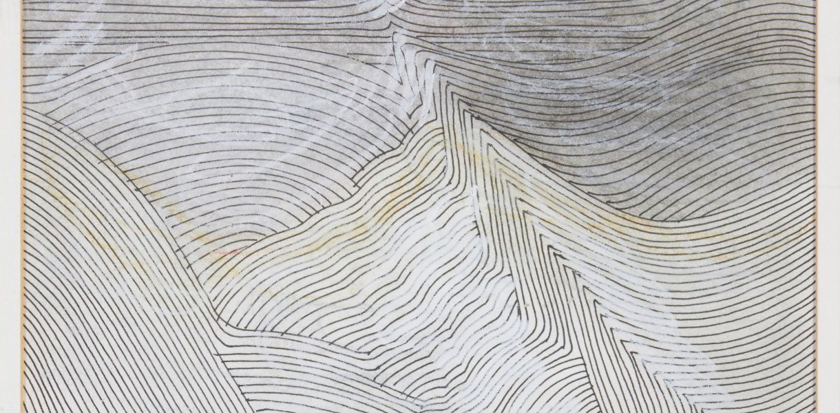 Abstract artwork with flowing, overlapping lines in monochrome tones, creating a sense of movement and depth. The lines form wave-like patterns and curves.