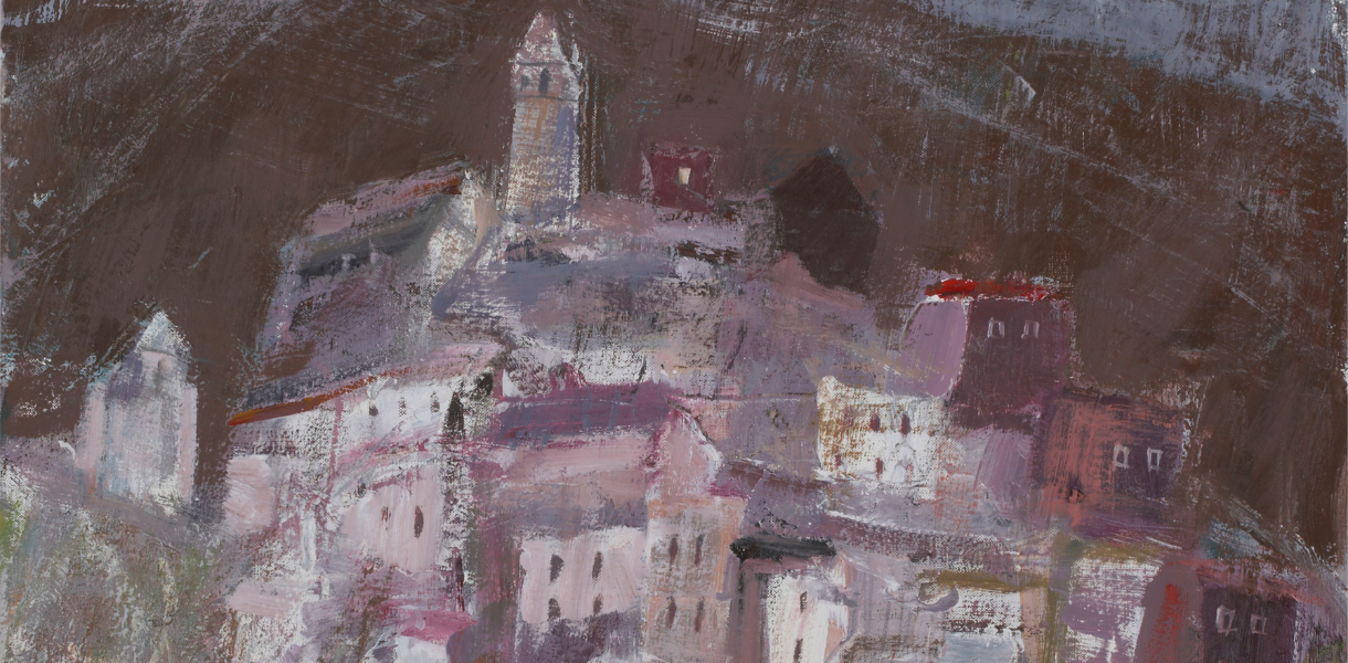 Abstract painting of a town with textured, muted colours. Buildings are layered, with a prominent tower. The dark sky sets a sombre tone.