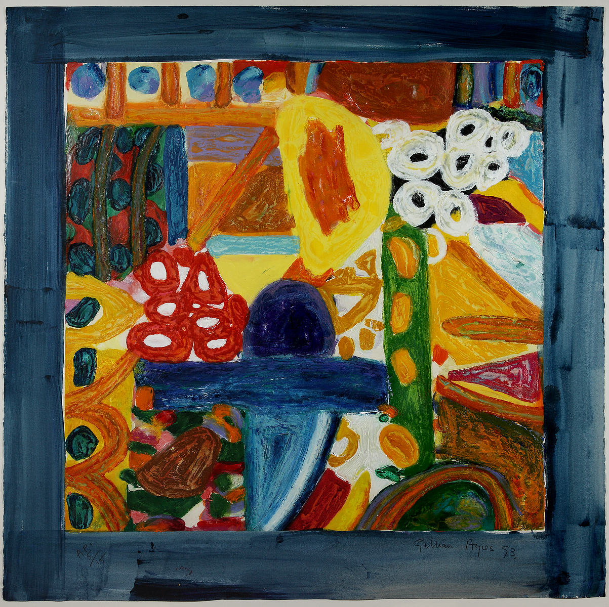 Abstract painting featuring bold, vibrant colors including yellow, red, and blue. The composition includes circular shapes and expressive brushstrokes.