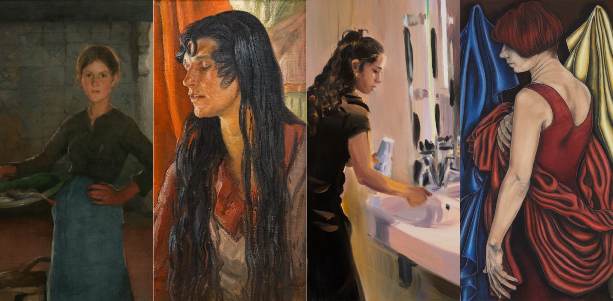 A composite image of four paintings depicting women in various settings. Each woman is engaged in a different activity, evoking introspective and thoughtful moods.