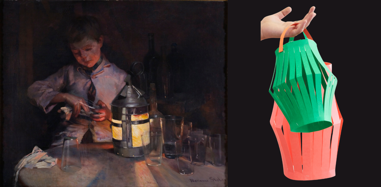 A child sits in dim light, focused on crafting a paper lantern, surrounded by glassware and a glowing lamp. A hand holds another colourful paper lantern.