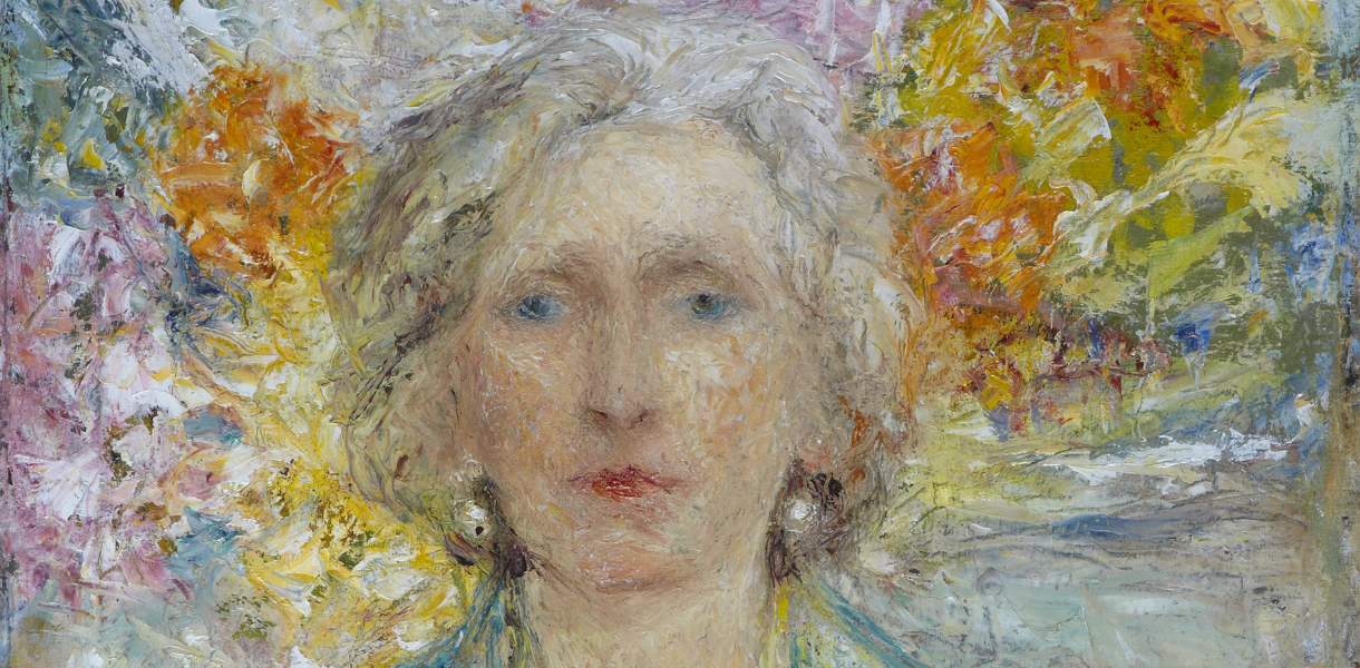 A textured painting of an older woman with light hair and blue eyes, surrounded by abstract swirls of vibrant autumn colours, conveying a serene mood.