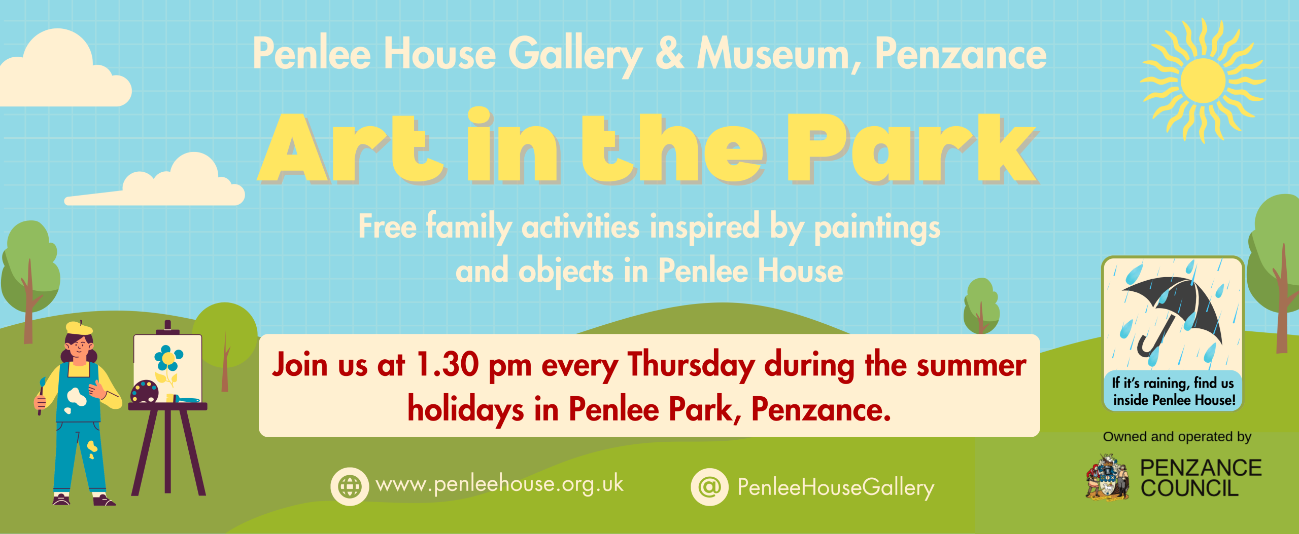 Cheery illustrated banner promoting "Art in the Park" by Penlee House Gallery, featuring family activities every Thursday at 1:30 pm in Penlee Park, Penzance.