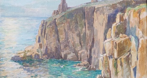 Painting of a coastal cliffside with rugged, sunlit rock formations. The blue sea sparkles below, and seagulls fly near the water, conveying tranquillity.