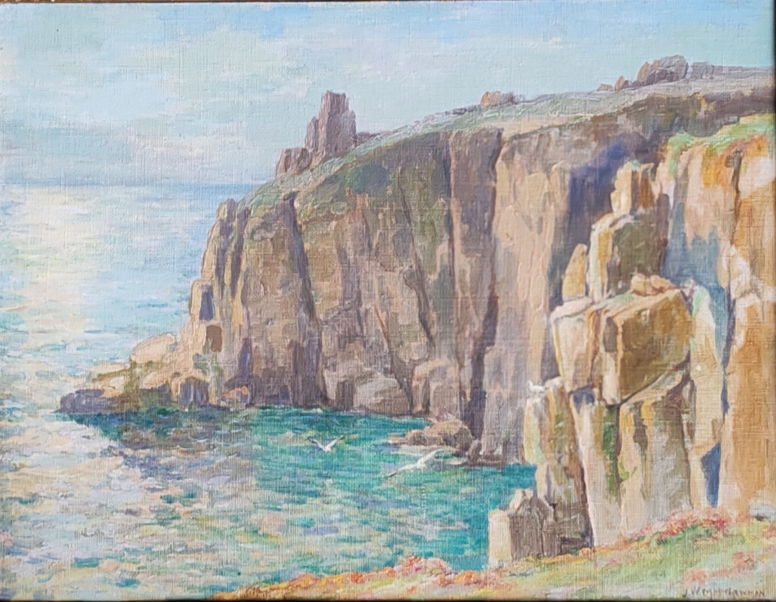 Painting of a coastal cliffside with rugged, sunlit rock formations. The blue sea sparkles below, and seagulls fly near the water, conveying tranquillity.