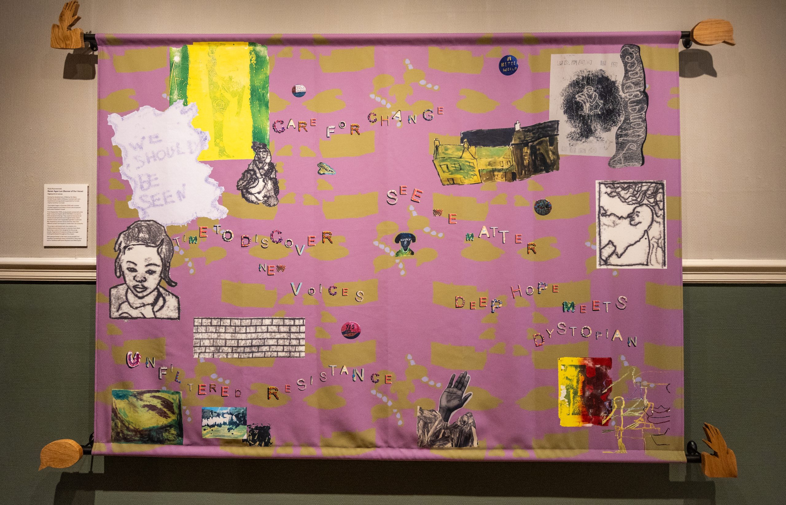 A vibrant tapestry with words like "care for change" and "discover voices" on a purple and yellow background. Includes drawings and abstract elements.