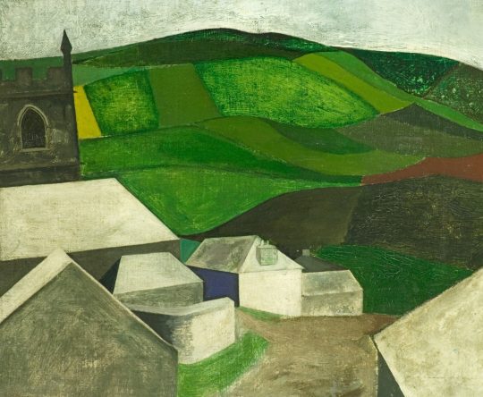 A stylised painting of a rural landscape with geometric green hills, a church tower, and clustered white-roofed buildings, conveying tranquillity and simplicity.