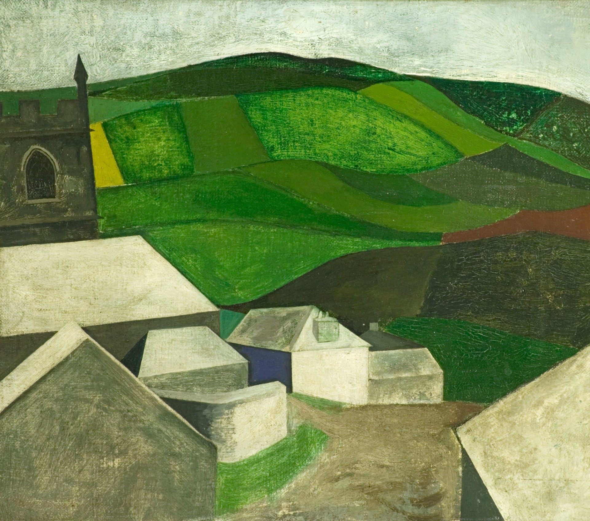 A stylised painting of a rural landscape with geometric green hills, a church tower, and clustered white-roofed buildings, conveying tranquillity and simplicity.