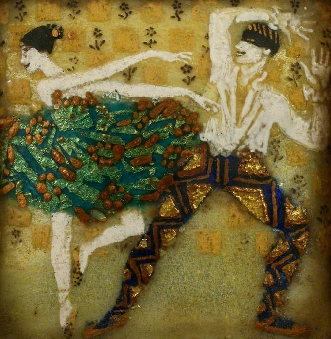 Painting of a joyful dance duo in vibrant attire; the woman wears a decorated green dress, the man in patterned pants. Energetic and lively scene.