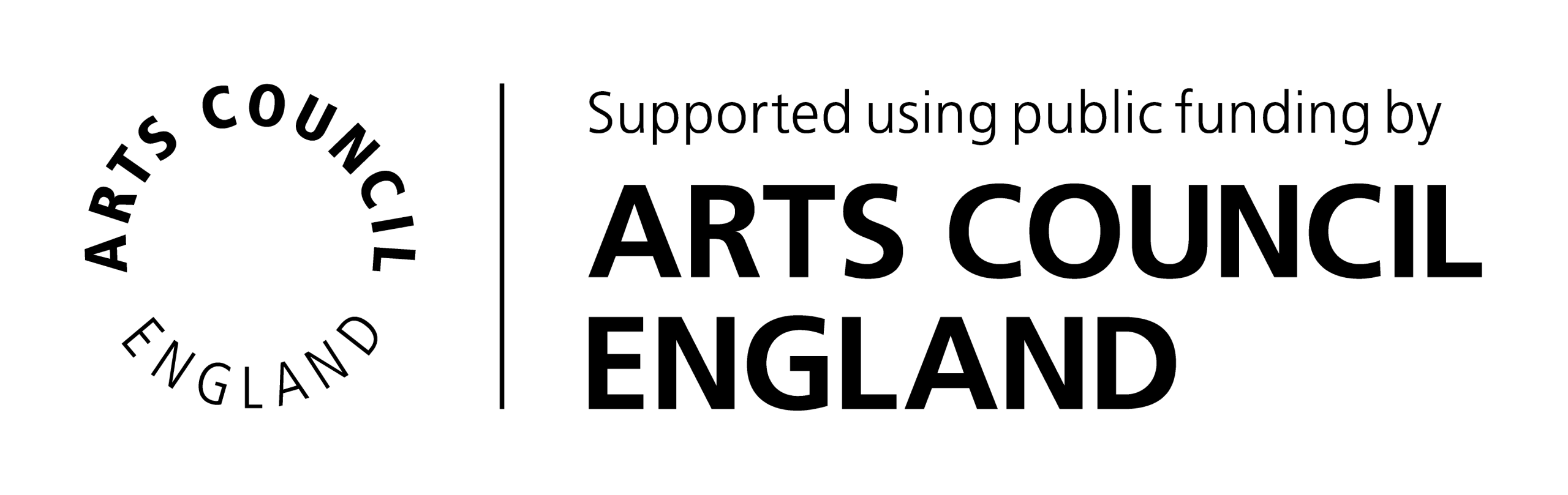 The Arts Council England logo, featuring a circular text arrangement and the words Supported using public funding by Arts Council England in black.