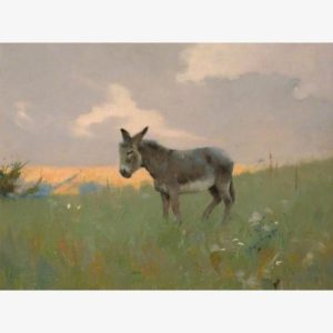 Impressionist painting of a gray donkey walking through a wildflower meadow at sunset, beneath soft clouds; peaceful, pastoral mood.