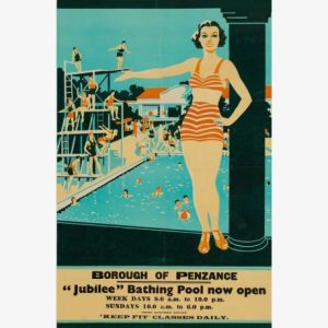Vintage “Jubilee” bathing pool poster: smiling woman in striped swimsuit overlooks swimmers, divers, and spectators; cheerful retro tone.