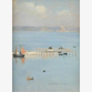 Softly painted seaside harbor with calm blue water, small boats, a wooden pier, and hazy distant sailboats creating a serene mood.