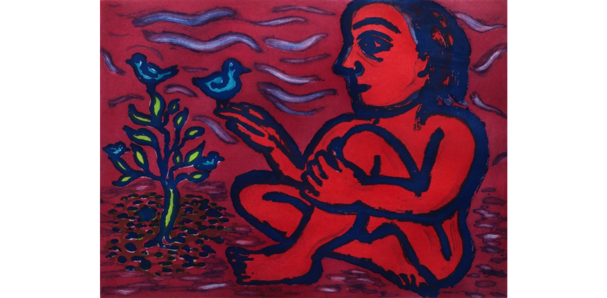 A stylized painting features a red figure sitting beside a small green plant with blue birds against a textured, deep red background with wavy lines.