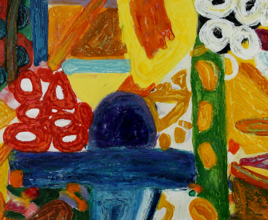 An abstract painting features vibrant yellow, red, and blue shapes, including circular forms, geometric blocks, and thick textured brushstrokes.