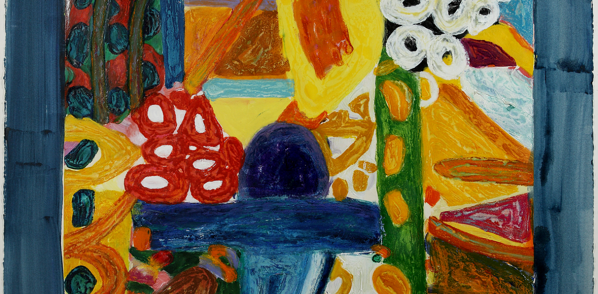 An abstract painting features vibrant yellow, red, and blue shapes, including circular forms, geometric blocks, and thick textured brushstrokes.