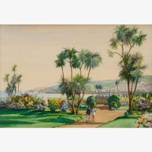 Watercolor garden with palm trees, colorful flower beds, and a path where two people stroll toward a sunlit coastal town and hills.